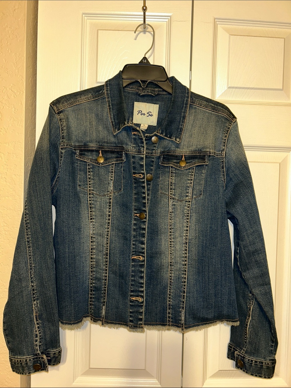 Per Se Blue Washed Cotton Denim Jacket with Frayed Hem